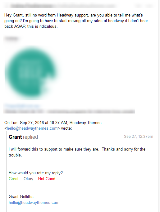 Grant strings along customer A under the pretense that support is available. He knows her previous emails are languishing in Helpscout, he also knows that Clay won't answer them. presumably he doesn't tell her this because he's worried she'll request a refund.